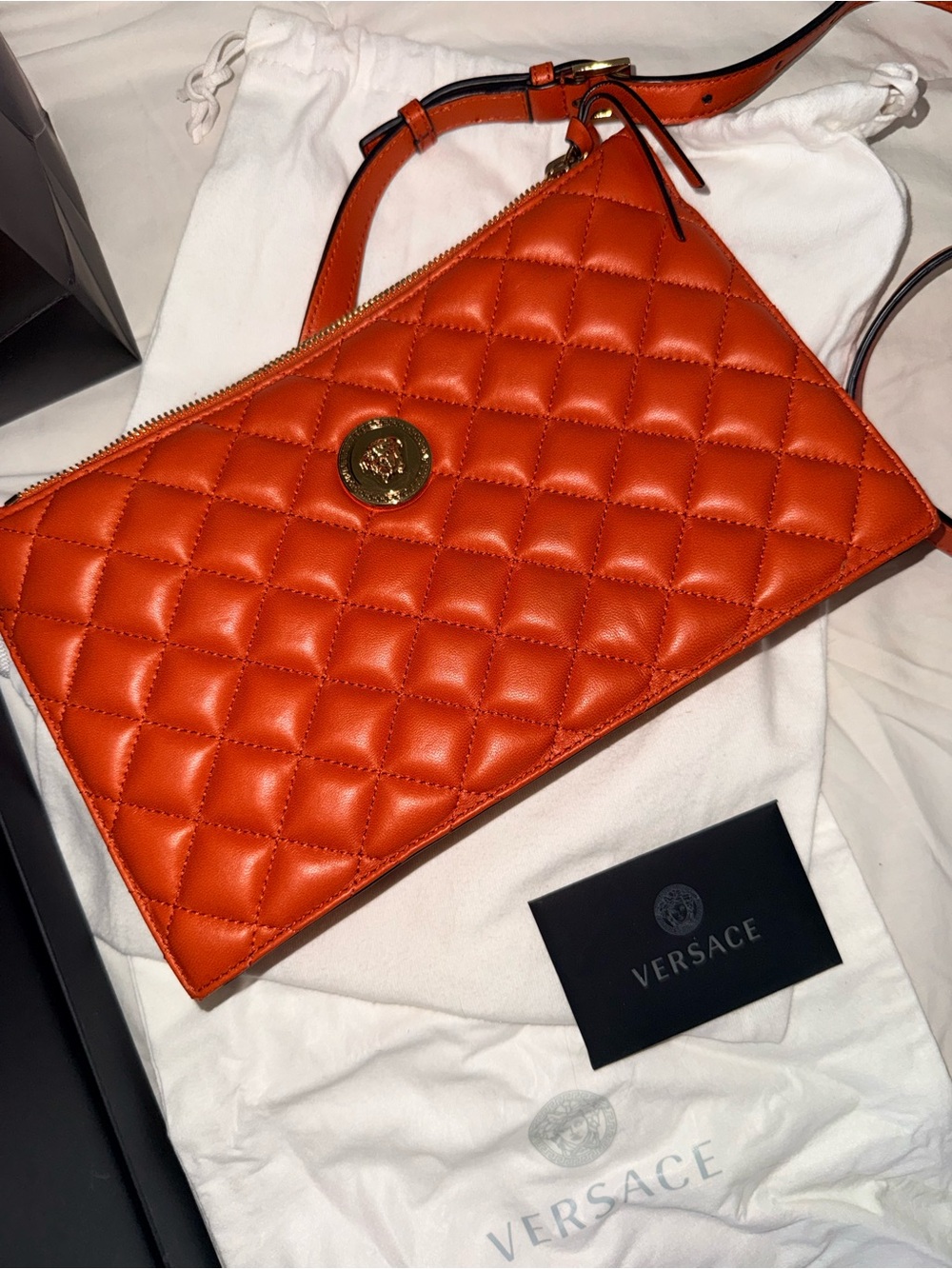 Versace Quilted Orange Leather Crossbody with Gold Medusa Emblem